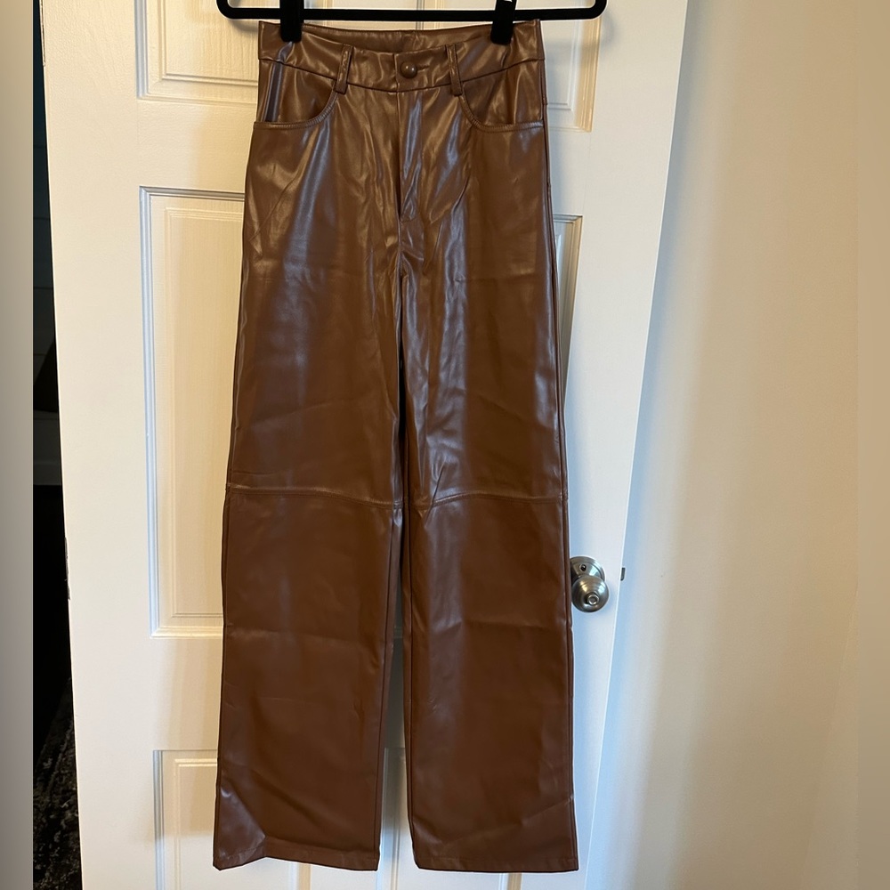 Wide leg faux leather pants brown tan XS